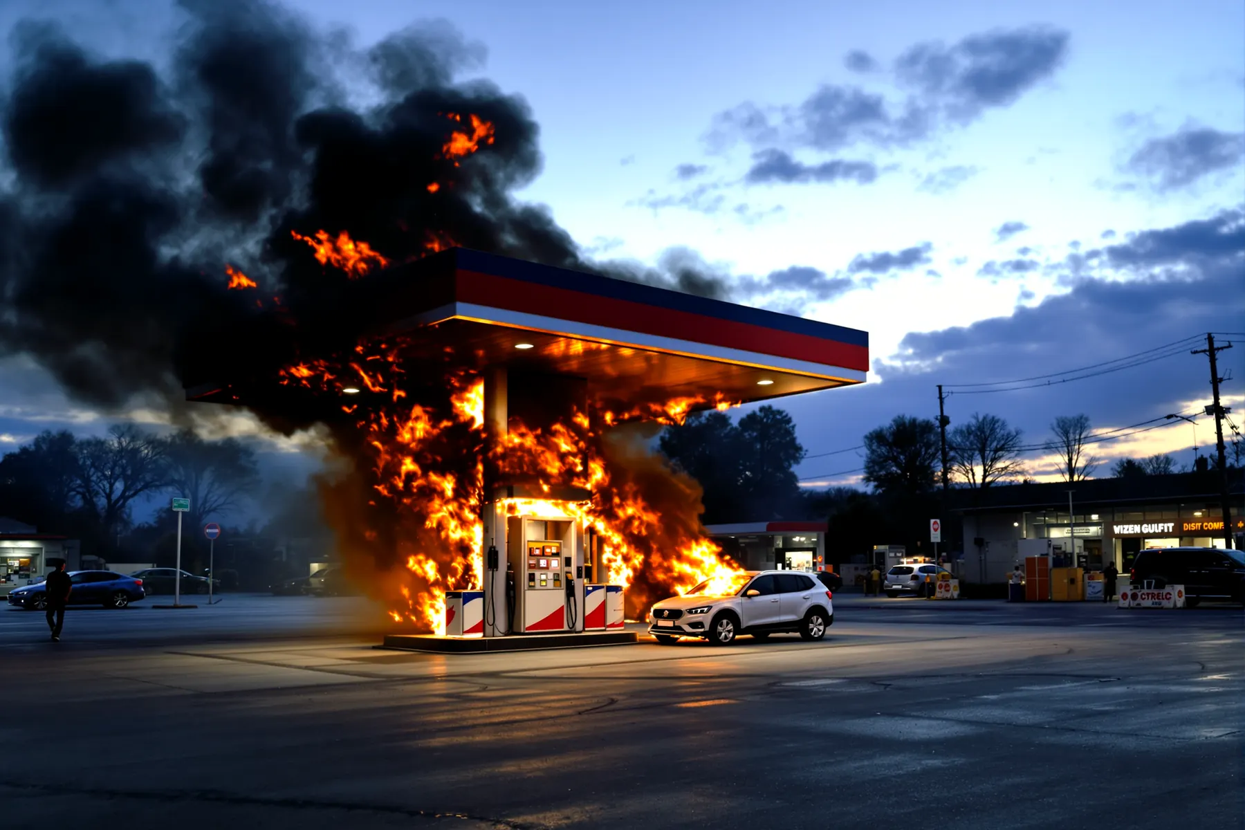 Illustration: a petrol station forecourt with the pump island and canopy on fire.