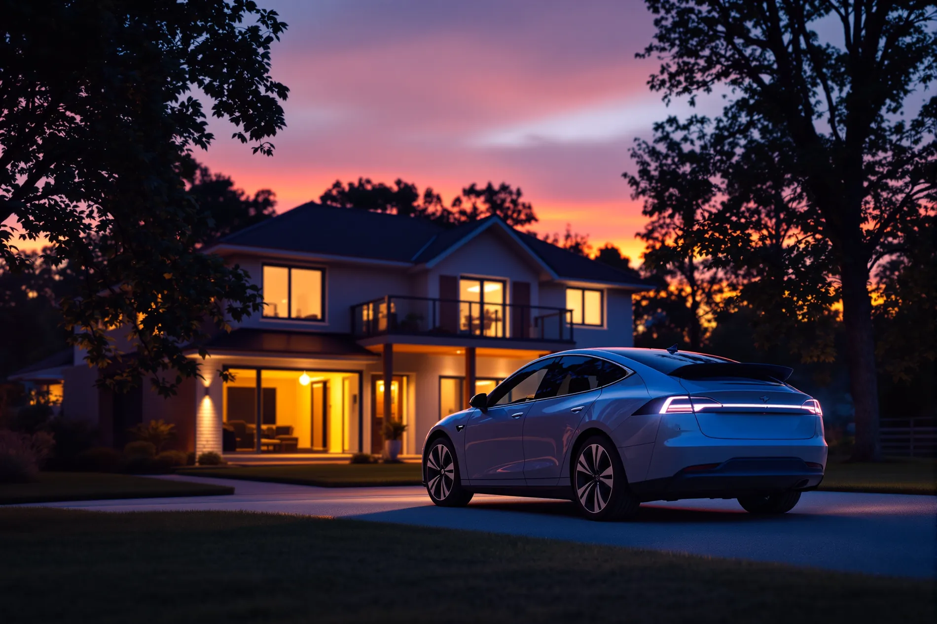 A modern electric car parked on a driveway at dusk in front of a lit family home, violet and amber sky.