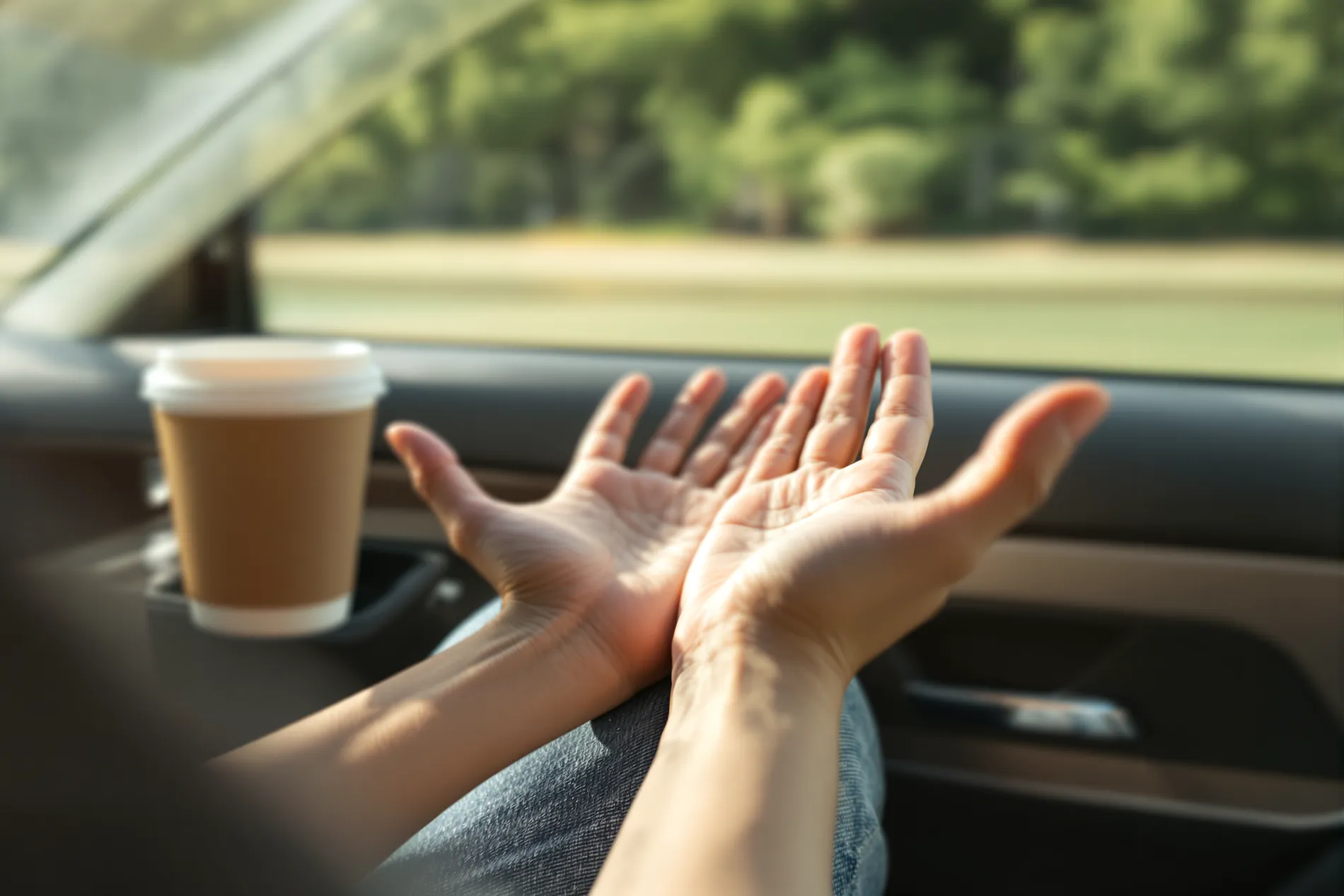 Relaxed open hands resting in a person's lap inside a bright car cabin, countryside sliding past the window.