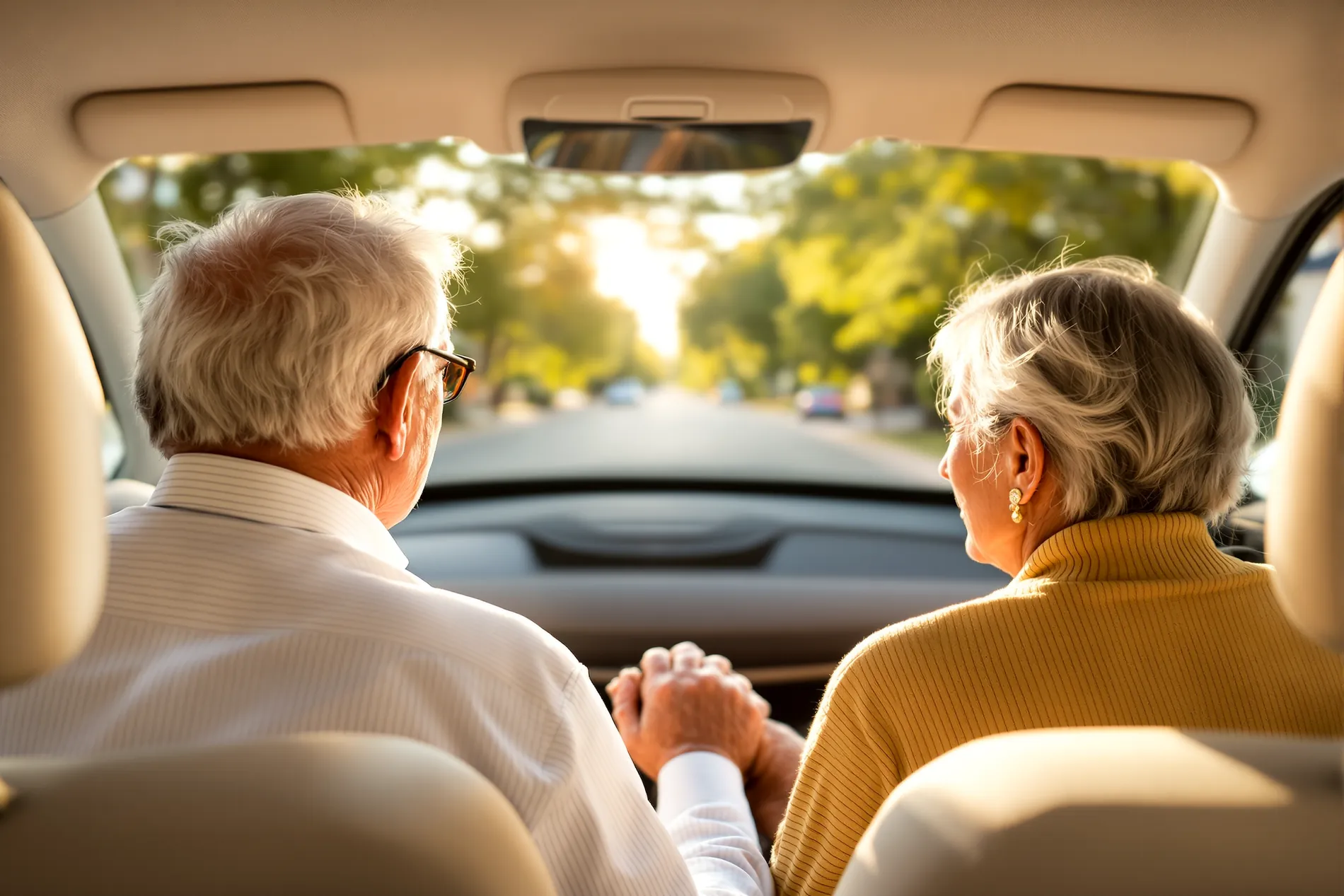 An elderly couple seated together in the back of a car, seen from behind, holding hands and looking out at a sunlit tree-lined street.