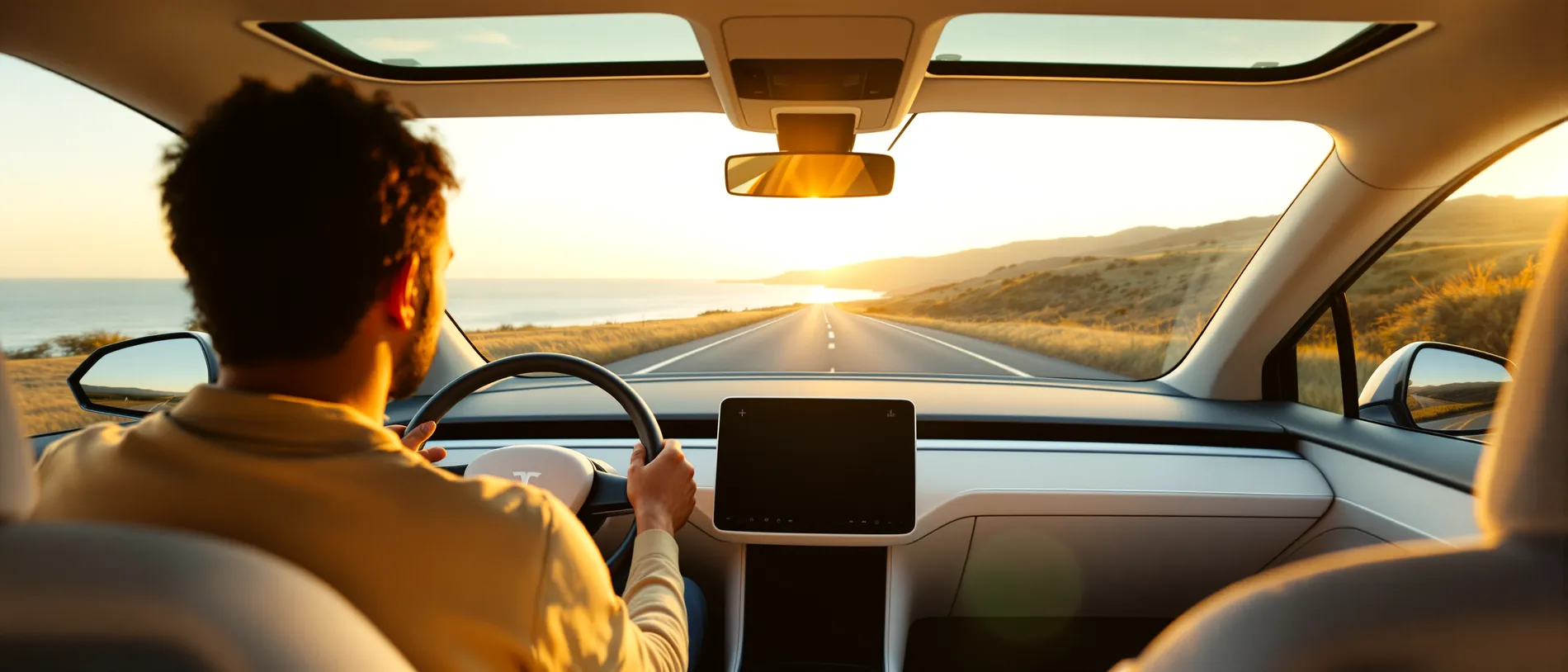 View from inside a modern electric car at golden hour, looking out along an open coastal road through a panoramic glass roof.