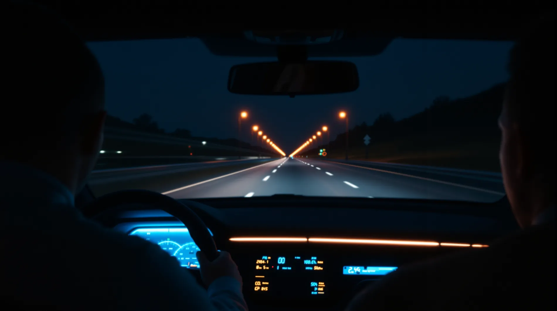 Night view from inside a modern car on a quiet motorway, soft instrument glow, streetlights passing.